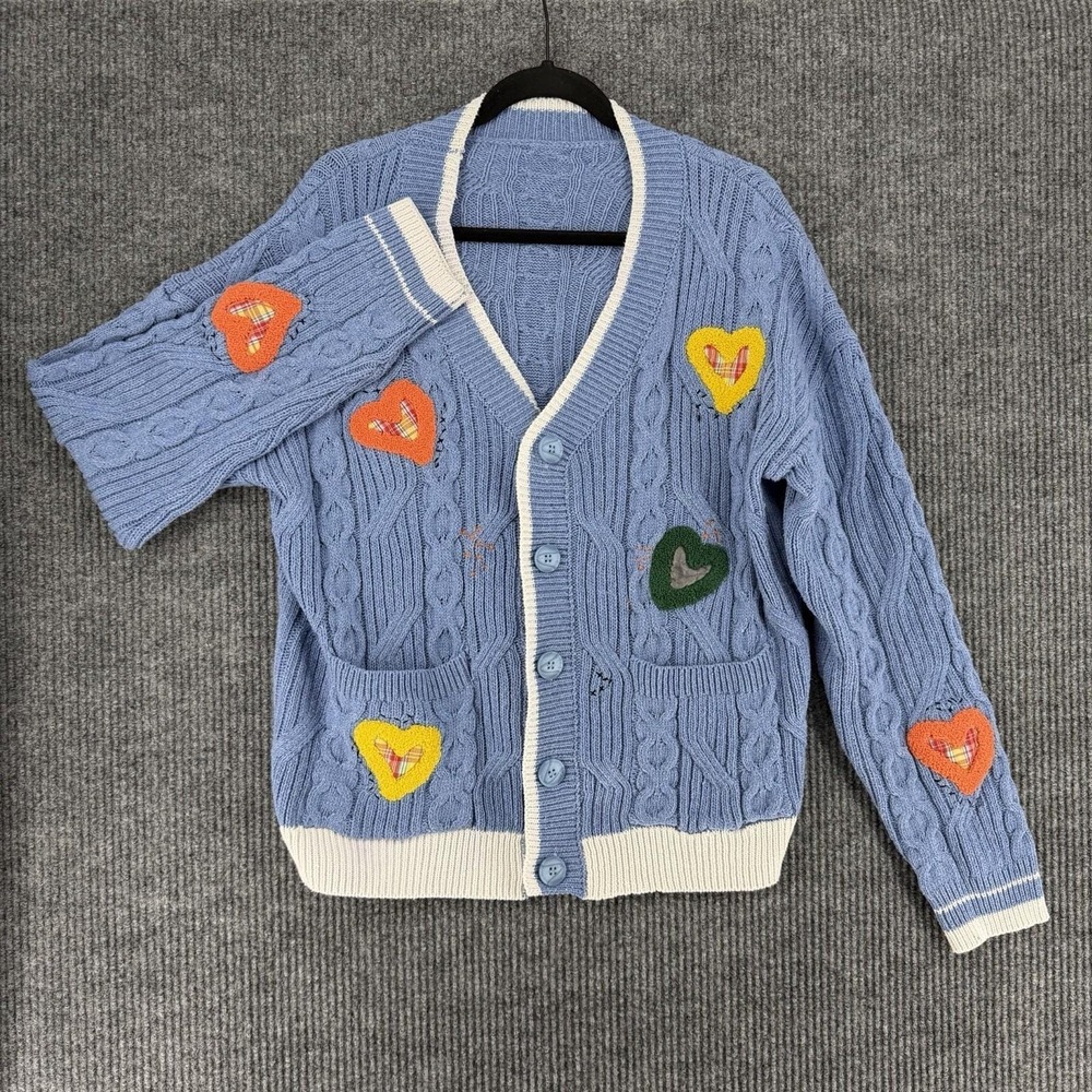 Grandma women's cable knit cardigan heart patch novelty sweater blue size Large